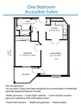 Accessible One Bedroom Suite Floor Plan - Floor Plan Measurements May Vary From Actual Units