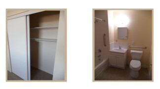 View of accessible one bedroom suite closet and bathroom